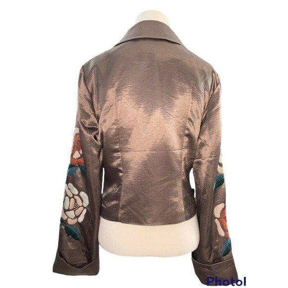 Elaine Collection New York Satin Blouse Top Crop Jacket Embroidered Floral Sz M - Picture 3 of 9